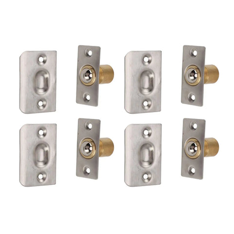 4 Pack Solid Brass Door Ball Catch with Adjustable Spring Latch and Strike Plate for Cabinets and Pantries, showcasing components.