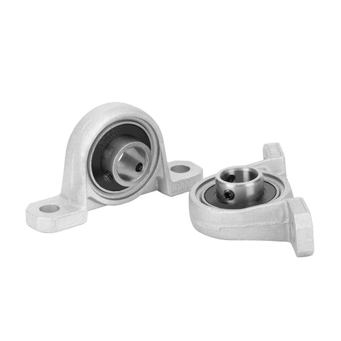 Two KP001 flange-mounted pillow block bearings with 12 mm bore, zinc alloy housing.