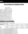 Guardian ErgoTrim Scuba BCD With SLS Weight System technical features and chart for size, weight, buoyancy details.