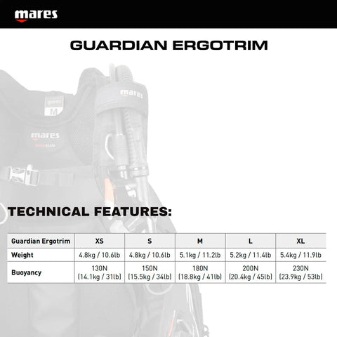 Guardian ErgoTrim Scuba BCD With SLS Weight System technical features and chart for size, weight, buoyancy details.