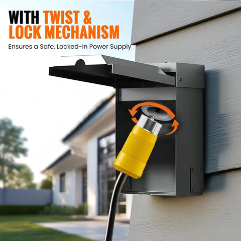 Top Shelf Heavy Duty 50 Amp Generator Cord With Twist Lock Female Plug 125 To 250 Volt Industrial Grade Grounded Cable 12500 Watt Output installed in a wall receptacle.