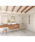 Carisa Collection 3-Light Opal Glass Bath Vanity Light In Vintage Gold Finish With White Globe Shades illuminating bathroom