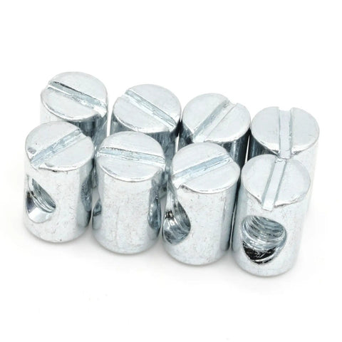 Top Notch Replacement M6 X 16Mm Cross Dowel Barrel Nuts With Centered Hole For Flat Pack Furniture Beds Tables Chairs Quick Fix Hardware That Just Works Right, silver metal nuts stacked together.