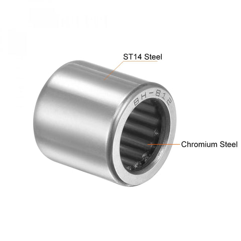 BH812 Needle Roller Bearing Full Complement Drawn Cup Open Half Inch ID Three Quarter Inch OD Three Quarter Inch Width Chrome Steel
