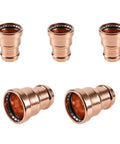 5 Pack Press Fit Copper XL Coupling Reducer Set, 4 Inch By 2 Inch Heavy Duty Plumbing Pipe Connectors shown in copper finish.