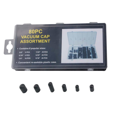 Six Size Vacuum Hose Caps Kit with 80Pcs for Automotive Carb Lines in case, view of 6 sizes including 3/8 In and 5/32 In caps