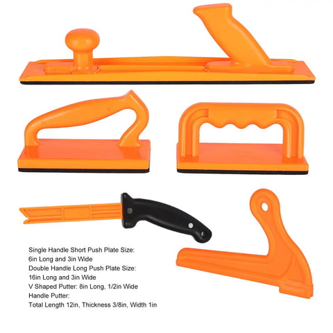 Five Piece Push Block And Push Stick Set For Woodworking Safety showing different sizes and handles, orange and black design
