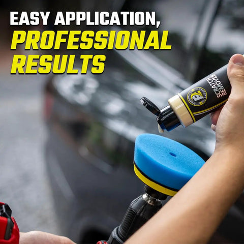 Applying car scratch remover kit for scratches and swirls with drill attachment and polishing pad for paint correction