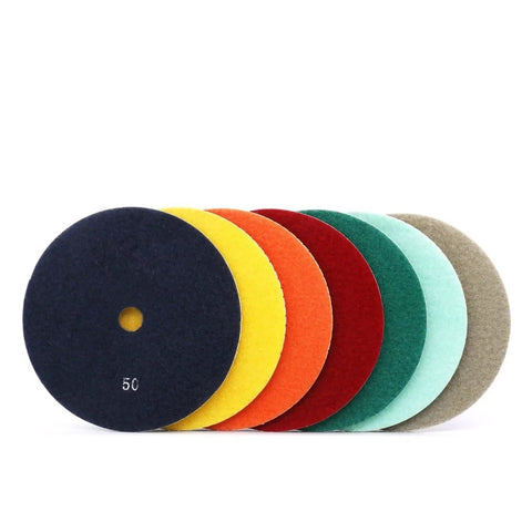 Check Out This Awesome 7 Inch Diamond Polishing Pad Made For Granite And Marble with varied colors for different polishing grits.