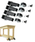 Smooth Rollin Heavy Duty Workbench Casters Kit With Four Polyurethane Wheels And Kick Step Lift Riser shown with wooden workbench and hardware.