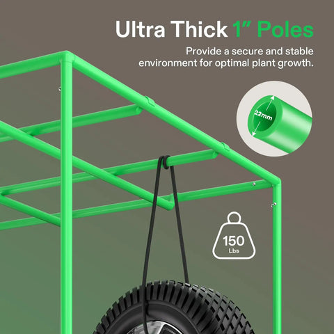 Beefed Up Pro Grow Tent 2.7x2.7 for Indoor Plants with 1 inch poles supporting 150 lbs, shown in green frame.