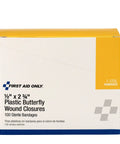 First Aid Only butterfly wound closures, 1/2 in x 2 3/4 in, plastic, box of 100 sterile bandages