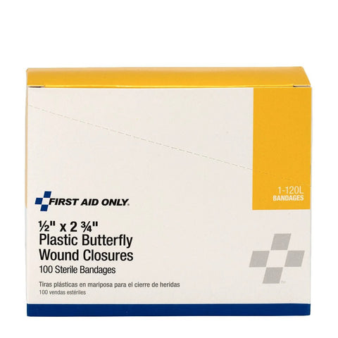 First Aid Only butterfly wound closures, 1/2 in x 2 3/4 in, plastic, box of 100 sterile bandages