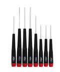 Eight Piece Hex Inch Screwdriver Set With Precision Handle And Extra Long Grip For Fast Rotations, Labeled Tips For Easy ID, Includes Fine To Large Hex Sizes 0.028 0.035 0.050 1/16 5/64 3/32 7/64 1/8 showing full set.