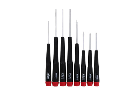 Eight Piece Hex Inch Screwdriver Set With Precision Handle And Extra Long Grip For Fast Rotations, Labeled Tips For Easy ID, Includes Fine To Large Hex Sizes 0.028 0.035 0.050 1/16 5/64 3/32 7/64 1/8 showing full set.