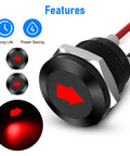 2-Pack 12V Red LED Indicator Light Kit For Rigs And Gear With Half-Inch Panel Cutout Waterproof Signal Lamps 300mm Wires Bright Uniform Glow Built Tough IP67 Waterproof, black panel light with red arrow icon