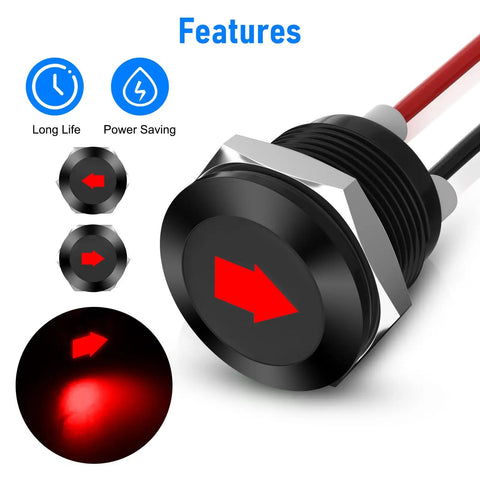 2-Pack 12V Red LED Indicator Light Kit For Rigs And Gear With Half-Inch Panel Cutout Waterproof Signal Lamps 300mm Wires Bright Uniform Glow Built Tough IP67 Waterproof, black panel light with red arrow icon