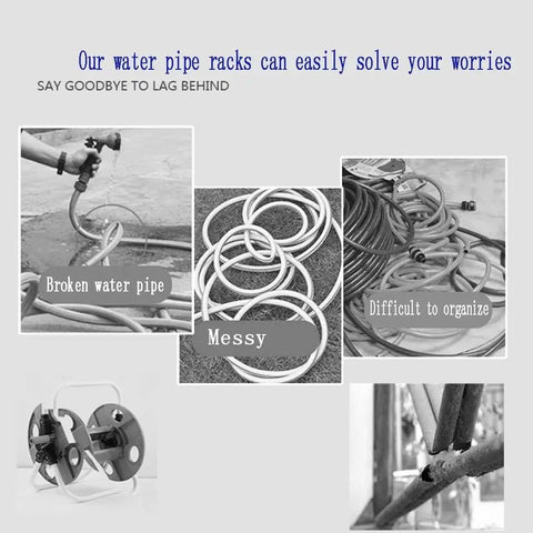 Broken water pipes and messy hoses illustrate the need for Top Shelf Retractable Hose Cart Rock Solid Stainless Steel Reel.