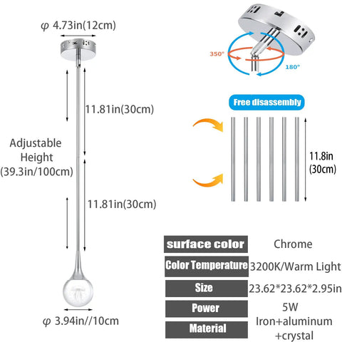 Dimensions and features of Mini Pendant Light With Dope Teardrop Crystal Jellyfish Pattern, Chrome Finish, 5W LED Hanging Light.