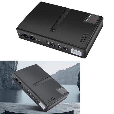 Rock Solid 18W DC UPS Power Backup Keeps Your Gear Online When The Grid Drops For Routers And PoE Cameras With 5v 9v 12v Usb Ports, compact black unit.