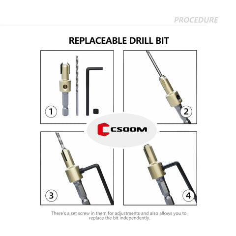 Pro Countersink Drill Bit Set 12 Pc With Sizes 4 6 8 9 10 12 Two Cutting Diameters Beefed Up For Woodworking And Carpentry Durable Wear Resistant Counter Sinker Bits High Speed Steel with hex key and components.