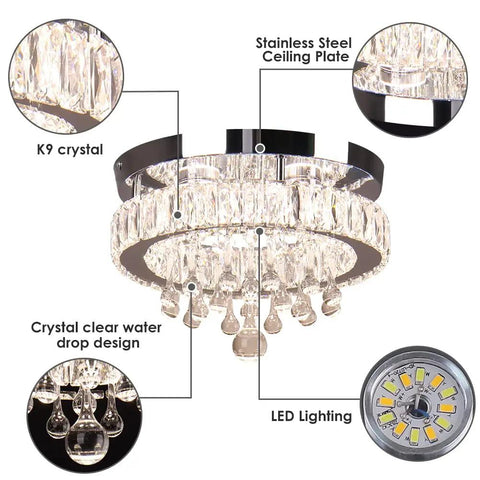Diagram of Dope Crystal Chandelier LED Ceiling Light With Remote Control Dimmable Flush Mount Fixture For Bedroom Living Room Dining Hallway 11.8 Inch Energy Efficient 85 265V 25W Max K9 Crystal showcasing detailed components and LED lighting.