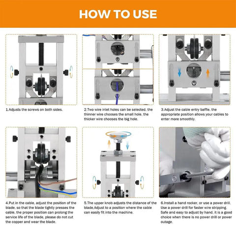 How to use Heavy Duty Electric Wire Stripper Machine With Adjustable Blade Distance instructions for manual and power drill setup.