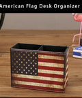 Top Shelf American Flag Desk Organizer Built With Premium Pu Leather And Retro Vintage Style That Brings Sick Vibes To Any Room As Sharp Pen And Pencil Holder For Office Or Home Decor Supplies - desktop view with two sections.