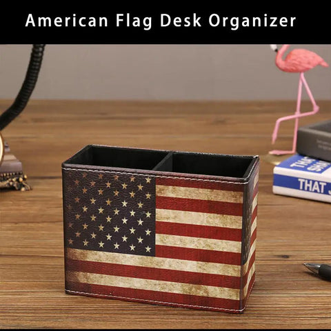 Top Shelf American Flag Desk Organizer Built With Premium Pu Leather And Retro Vintage Style That Brings Sick Vibes To Any Room As Sharp Pen And Pencil Holder For Office Or Home Decor Supplies - desktop view with two sections.