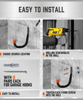 Installation guide for Heavy Duty Metal Wall Hooks 6 Pack For Garage Storage And Organization, showing drilling holes and mounting hooks.