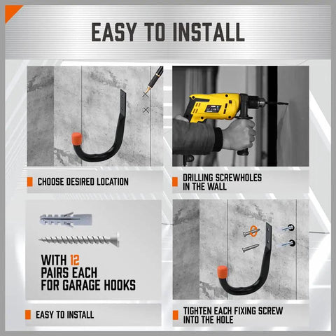 Installation guide for Heavy Duty Metal Wall Hooks 6 Pack For Garage Storage And Organization, showing drilling holes and mounting hooks.