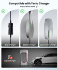 Road Trip Ready Tesla To J1772 Adapter 60 Amp 250 Volt Nacs Connector showing compatible chargers for EVs.