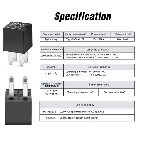 Specifications for 5 Pack 4 Pin SPNO Automotive Relay 20A Sealed, dimensions, voltage, and material details, 2 Year Warranty