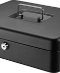 Grab And Go Portable Cash Safe Box With Lock And Key, Black, with carry handle and keyhole, ideal for securing money and valuables