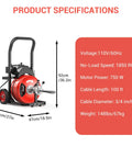 Heavy Duty 100Ft Electric Drain Auger With 750W Auto Feed Steel Core Cable For Smooth Pipe Cleaning specifications image