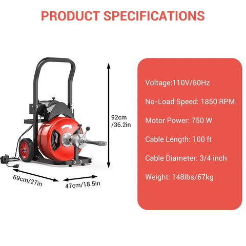 Heavy Hitting 100Ft 3/4 Inch Electric Drain Cleaner Machine With Auto Feed 750W Motor, side view with specifications.