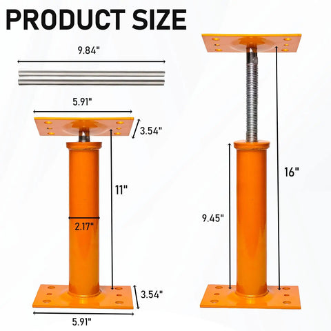 Adjustable Basement Floor Jack Posts, 2 Pack, 11 To 17 Inch Screw Post Supports, shown with dimensions and swivel top