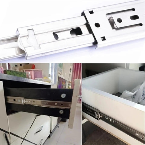 Full Extension Drawer Slides 10 To 22 Inches Stainless Steel Three Section Drawer Slide System for cabinets, close-up view