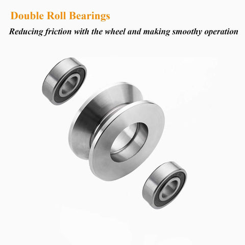 Heavy duty stainless steel gate rollers with bearings for smooth operation and reduced friction, ideal for sliding barn doors and gates.