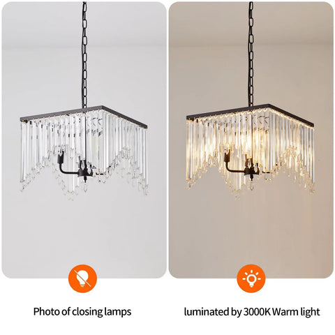 Four Light Crystal Chandelier With Black Iron Frame And K9 Clear Crystals, dimmable, shown with and without warm light