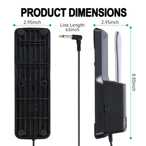 Universal Sustain Pedal For Digital Pianos, Electronic Keyboards, MIDI Keyboards, And Synthesizers With Polarity Switch And One Quarter Inch Input Plug, Durable Foot Pedal For Stage And Studio Use, showing dimensions 8.85 x 2.95 inches and 63-inch cable.