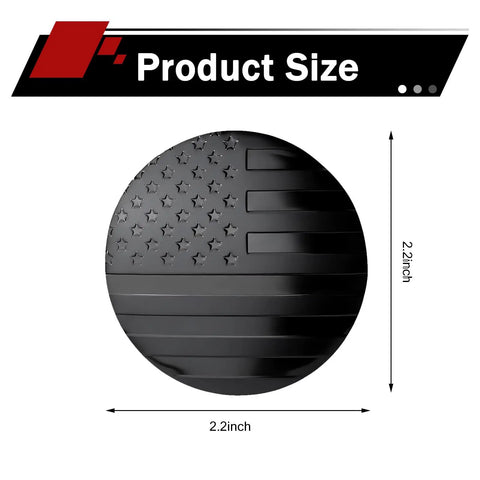 Fresh Dope Matte Black American Flag Wheel Center Cap Stickers 4 Pack 56Mm Universal Hub Cover Decals showing 2.2-inch size and design.