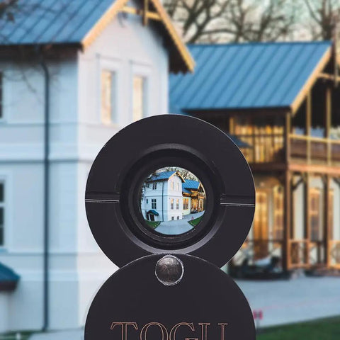 Solid Brass HD Glass Lens 220 Degree Door Viewer Peephole With Heavy Duty Privacy Cover UL Listed Security shown on building