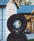 Matte Black Solid Brass 220 Degree Door Peephole With HD Glass Lens showing view of house, Privacy Cover open, Heavy Duty Security