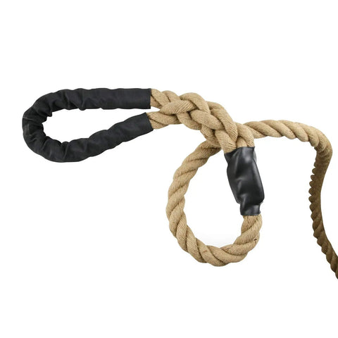 Outdoor Climbing Rope For Fitness And Strength Training, 1.5 Inch Gym Rope With 10, 15, 20, 25, 30 And 50 Feet Length Options, showing looped end and heat-shrunk caps