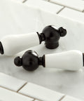 Porcelain and black faucet handles for Heritage Wall Mount Bridge Kitchen Faucet In Oil Rubbed Bronze, 8 Inch Spread