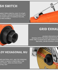 Close-up of Heavy Duty Pneumatic Air Cut Off Tool Kit's switch, exhaust, and alloy features with 5 pcs cut-off wheels.