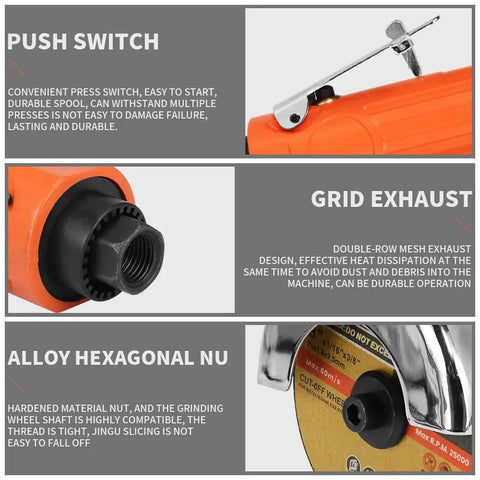Close-up of Heavy Duty Pneumatic Air Cut Off Tool Kit's switch, exhaust, and alloy features with 5 pcs cut-off wheels.