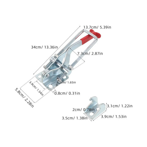 Heavy Duty Quick Release Toggle Latch Clamps Silver Galvanized Iron dimensions with measurement details for tool box use.