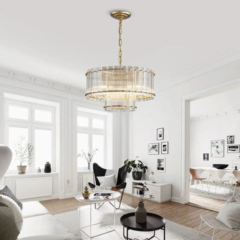 Drum Glass Chandelier For Dining Room With 7 Light Gold Pendant Lighting Fixture Jaw Dropping Double Layer Design Ripple Glass Shades D18 X H10 Adjustable 59 Inch Chains Gold Finish Metal Frame in a modern living space